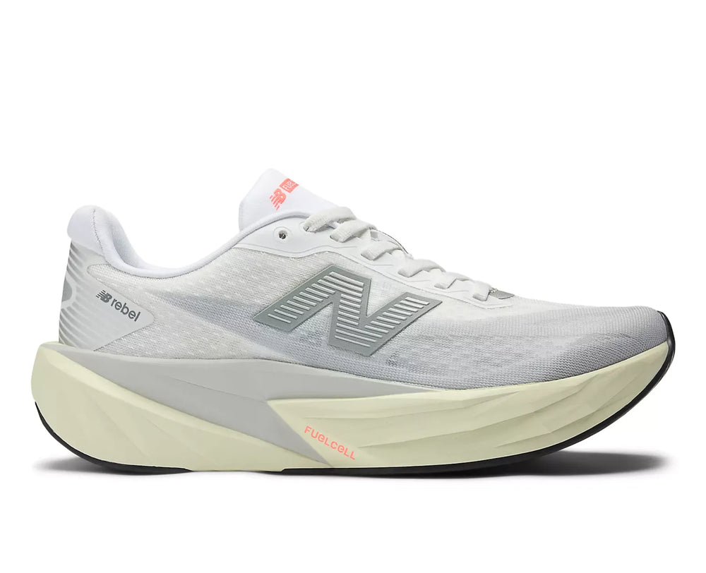New Balance Women's Fuelcell Rebel V5 neutral cushioned running shoe in RAI/MIN/WHI