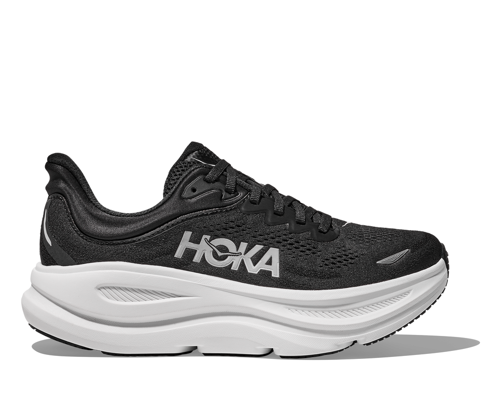 HOKA Women's Bondi 9 neutral cushioned running shoe in BLK/WHT