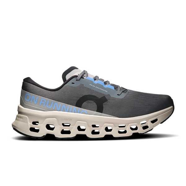 On Men's Cloudmonster 3 neutral cushioned running shoe in ROC/SIL