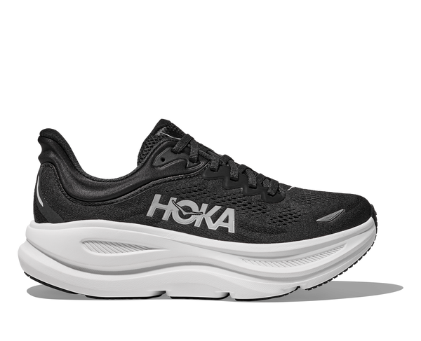 HOKA Women's Bondi 9 neutral cushioned running shoe in BLK/WHT